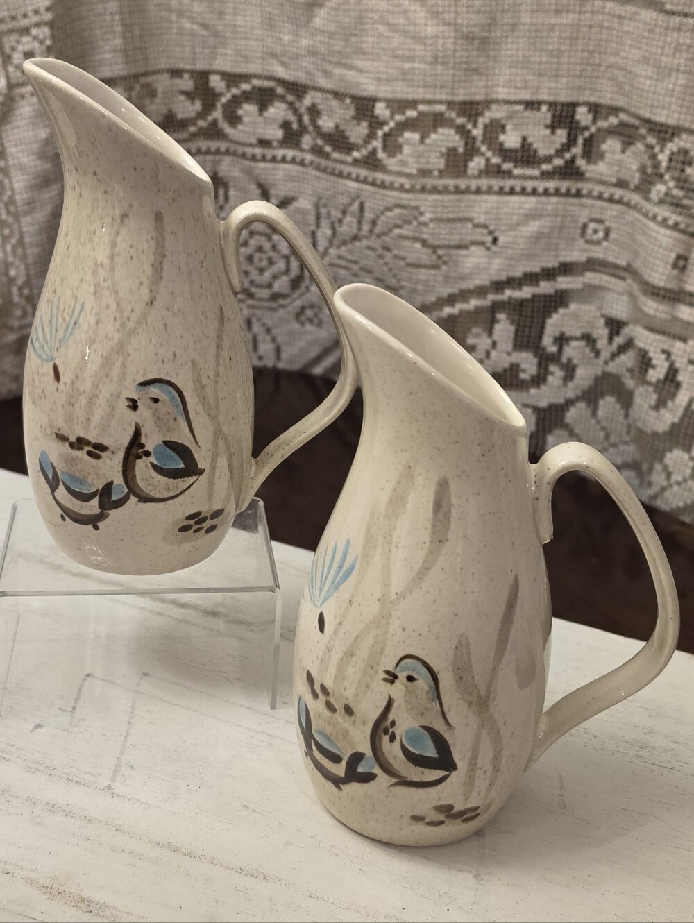 Vintage Set of 2 MCM Red Wing Pottery Bob White Quail 7” Creamer Pitchers